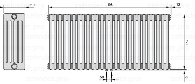 Схема (чертеж) Радиатор Zehnder Charleston 6075/26 №5410 Белый глянцевый RAL 9016